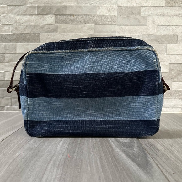 Kate Spade Denim Stripe Crossbody Camera Bag- leather Strap- Blue Brown Gold - Picture 7 of 11